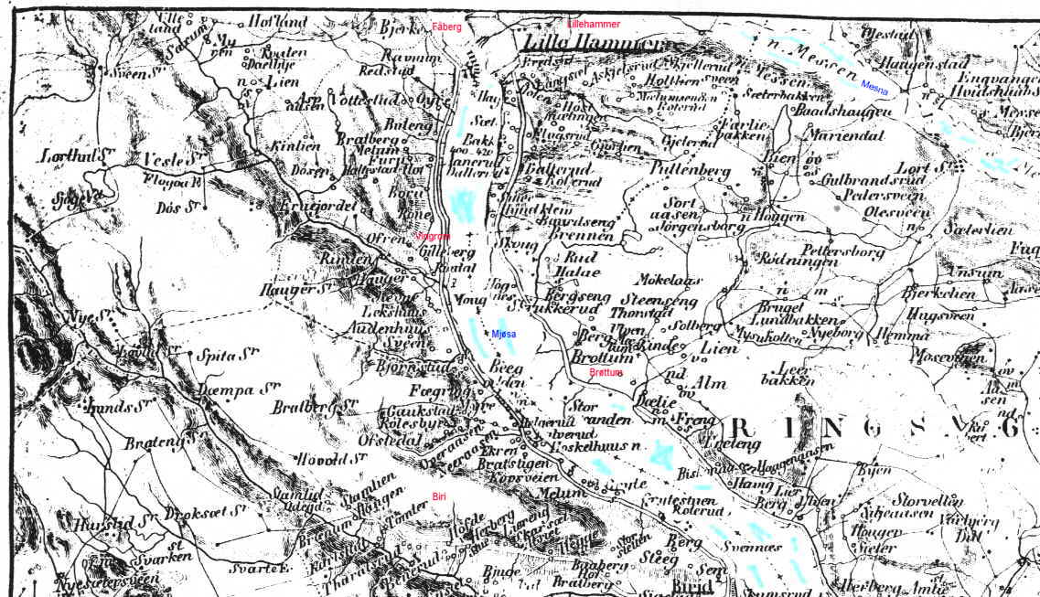 Map from 1854 showing the areaaround the lake Mjøsa, and parts of Land ...