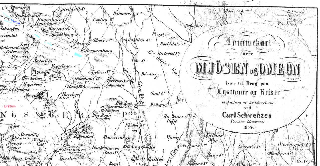 Map from 1854 showing the areaaround the lake Mjøsa, and parts of Land ...