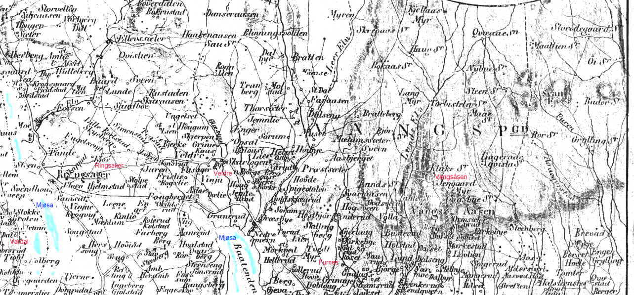 Map from 1854 showing the areaaround the lake Mjøsa, and parts of Land ...
