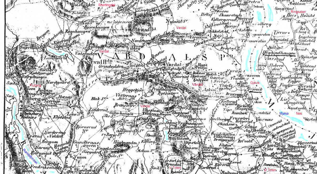 Map from 1854 showing the areaaround the lake Mjøsa, and parts of Land ...