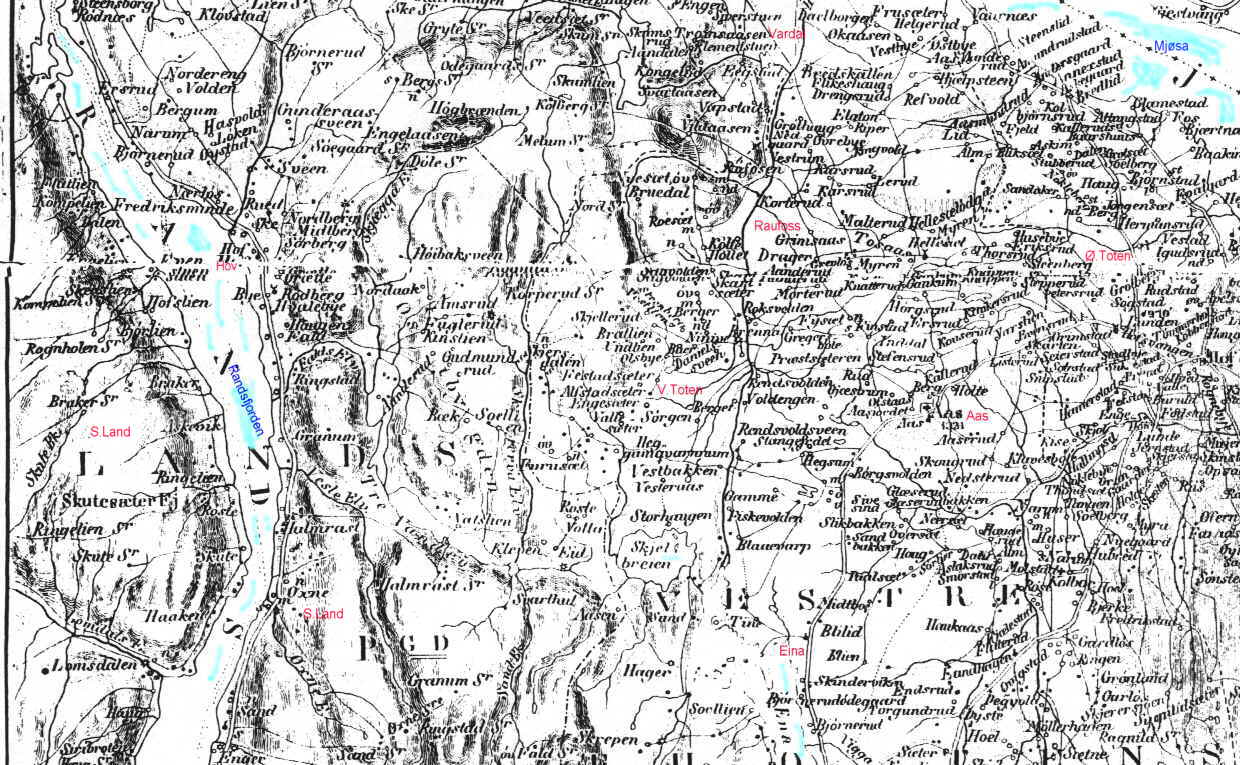 Map from 1854 showing the areaaround the lake Mjøsa, and parts of Land ...