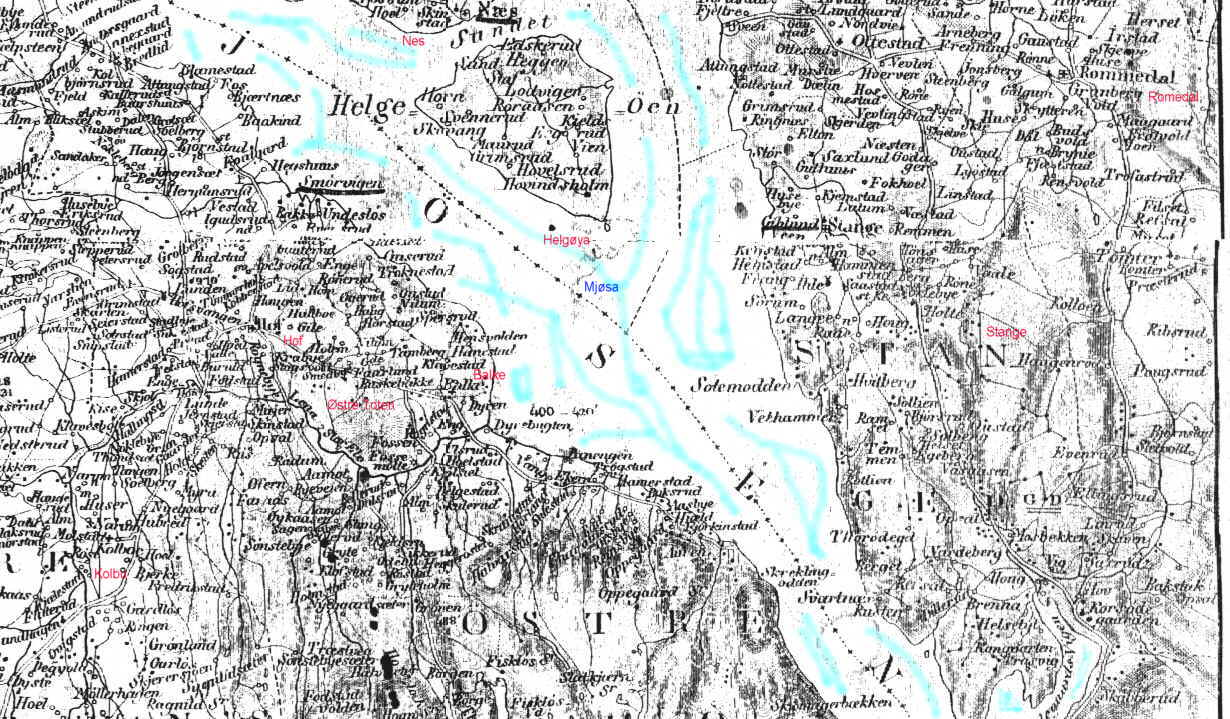Map from 1854 showing the areaaround the lake Mjøsa, and parts of Land ...
