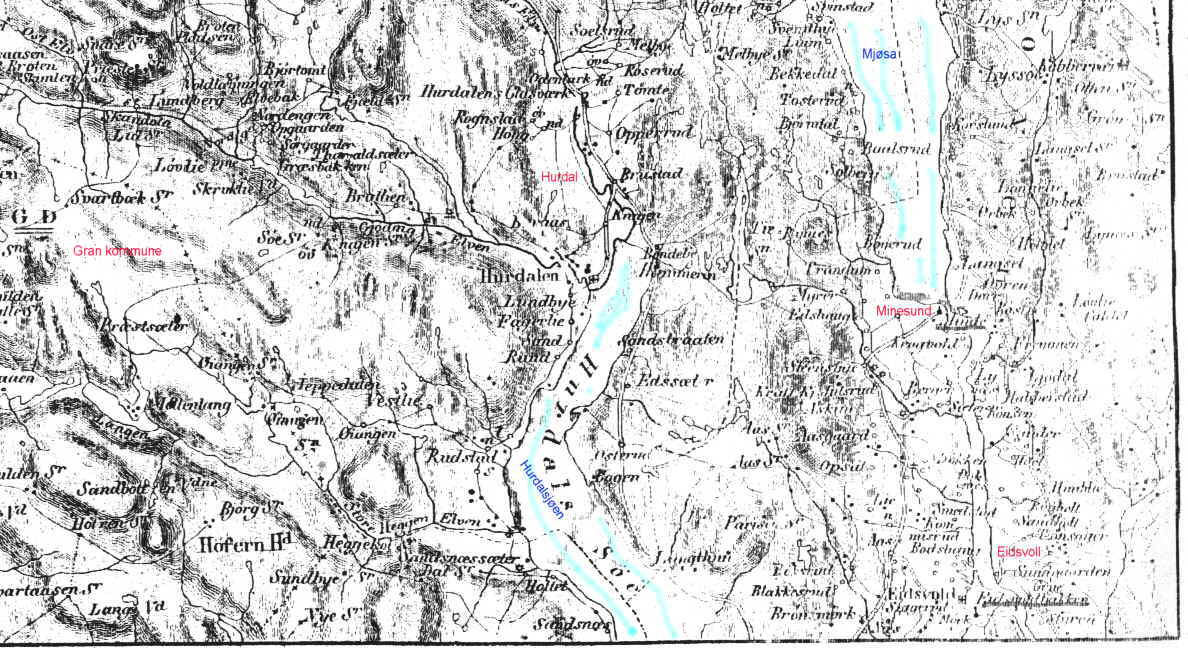 Map from 1854 showing the areaaround the lake Mjøsa, and parts of Land ...
